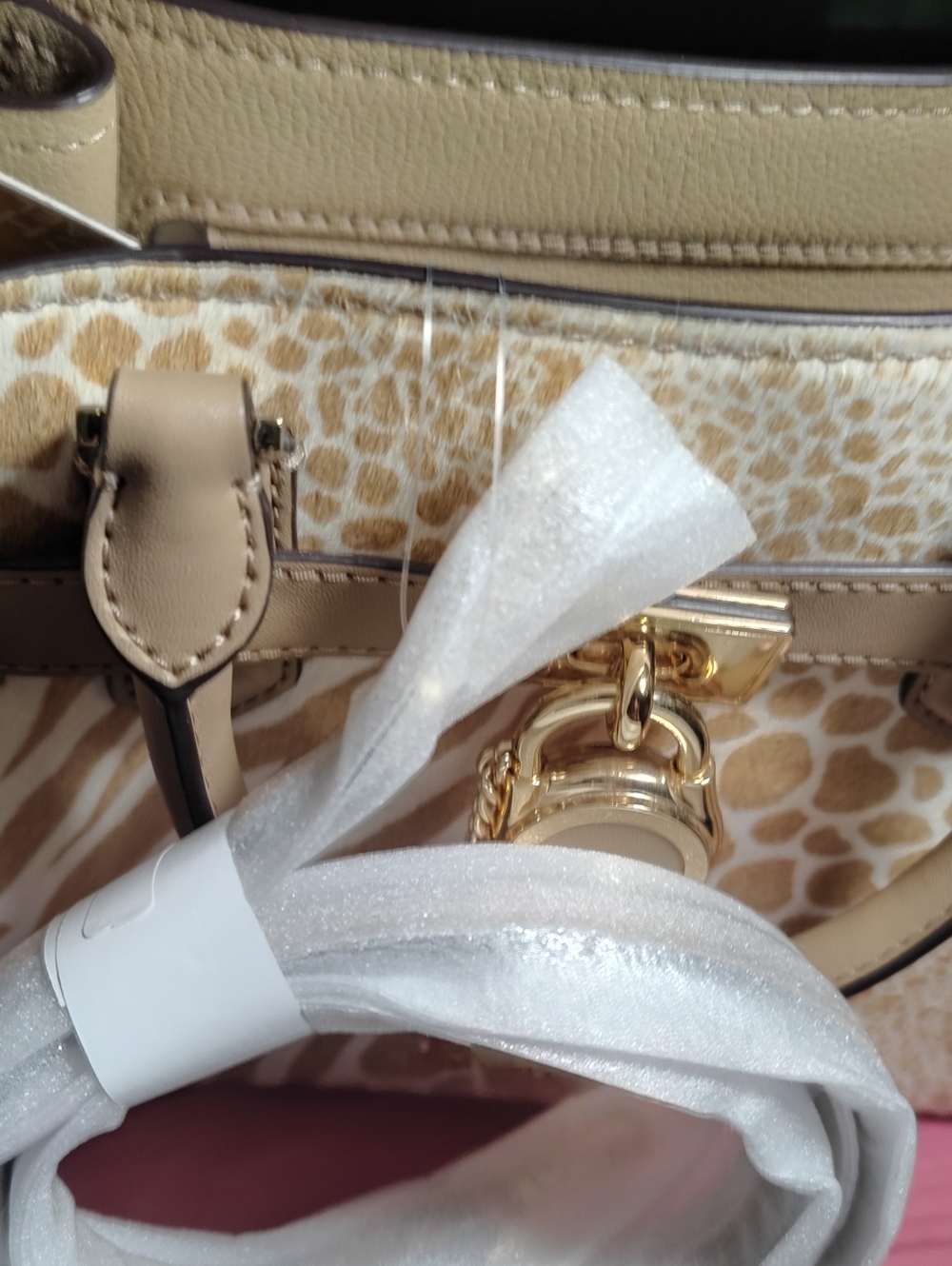 Beige Leopard-Print Tote Bag with Gold Hardware